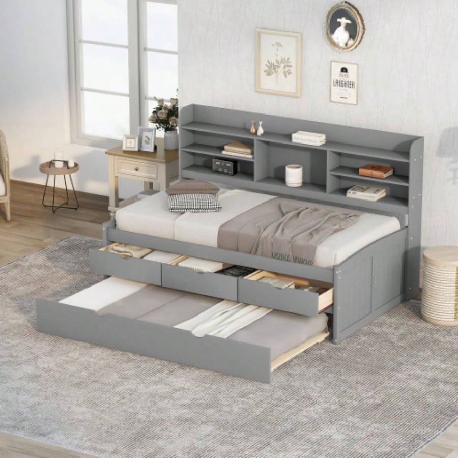 Full Size Wooden Captain Bed with Built - in Bookshelves, Three Storage Drawers and Trundle, Antique Brown