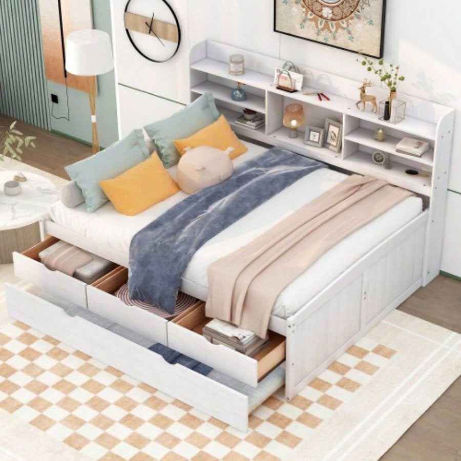 Full Size Wooden Captain Bed with Built - in Bookshelves, Three Storage Drawers and Trundle, Antique Brown