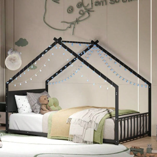 Twin Size House Bed with Roof and Colorful Lights, Metal Bed Frame with Slats and, House Bed Boy, Girls and Young Teens, No Box Spring Needed Black