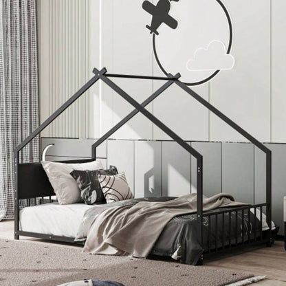 Twin Size House Bed with Roof and Colorful Lights, Metal Bed Frame with Slats and, House Bed Boy, Girls and Young Teens, No Box Spring Needed Black