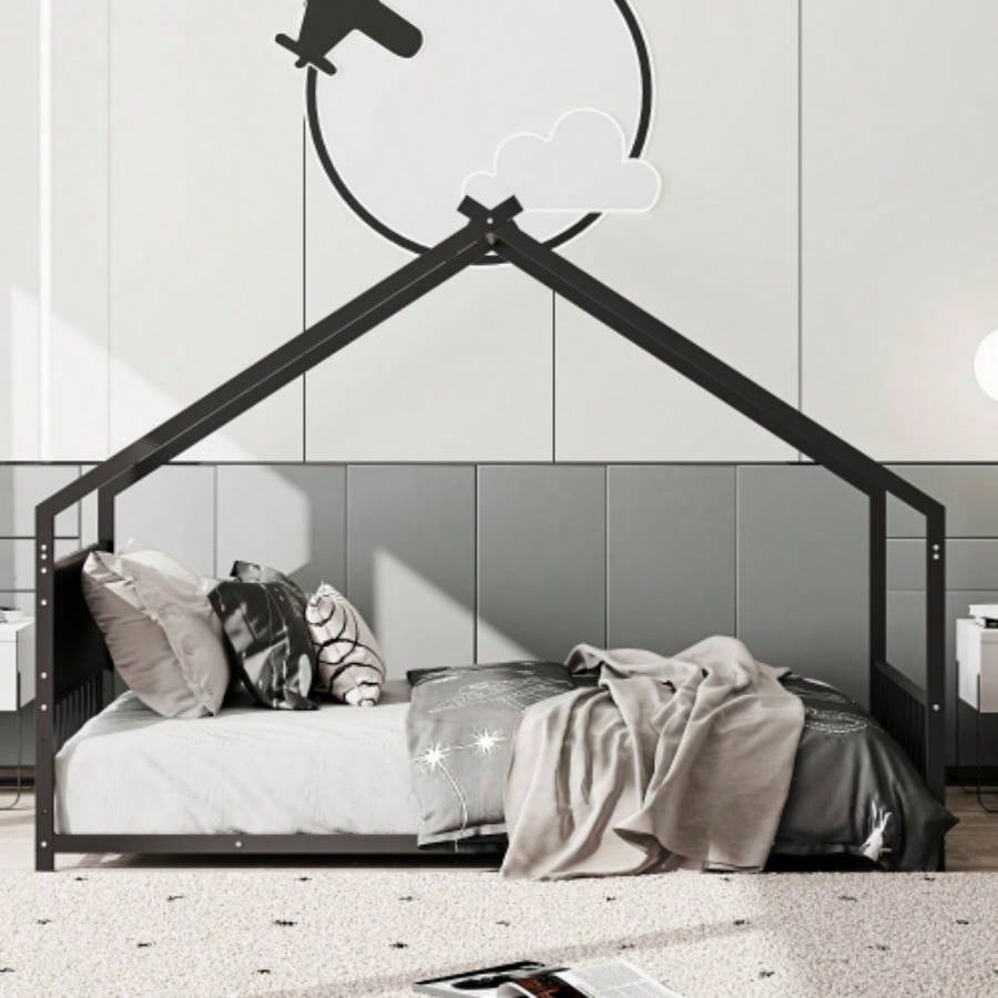 Twin Size House Bed with Roof and Colorful Lights, Metal Bed Frame with Slats and, House Bed Boy, Girls and Young Teens, No Box Spring Needed Black
