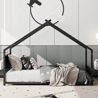 Twin Size House Bed with Roof and Colorful Lights, Metal Bed Frame with Slats and, House Bed Boy, Girls and Young Teens, No Box Spring Needed Black