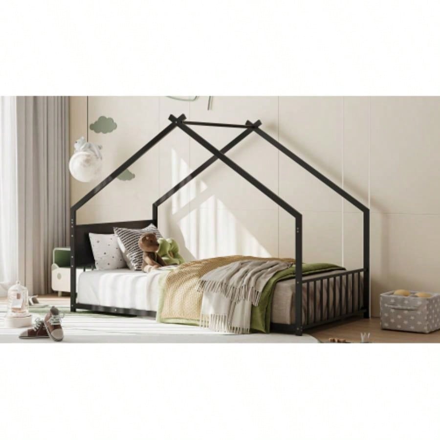 Twin Size House Bed with Roof and Colorful Lights, Metal Bed Frame with Slats and, House Bed Boy, Girls and Young Teens, No Box Spring Needed Black