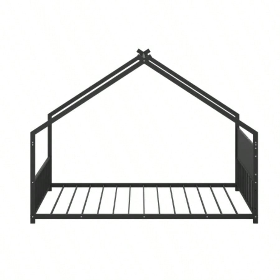 Twin Size House Bed with Roof and Colorful Lights, Metal Bed Frame with Slats and, House Bed Boy, Girls and Young Teens, No Box Spring Needed Black