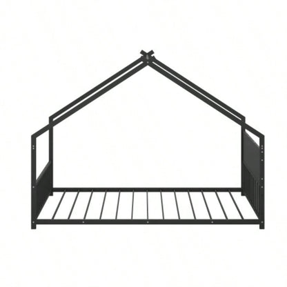 Twin Size House Bed with Roof and Colorful Lights, Metal Bed Frame with Slats and, House Bed Boy, Girls and Young Teens, No Box Spring Needed Black