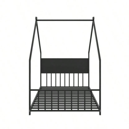 Twin Size House Bed with Roof and Colorful Lights, Metal Bed Frame with Slats and, House Bed Boy, Girls and Young Teens, No Box Spring Needed Black