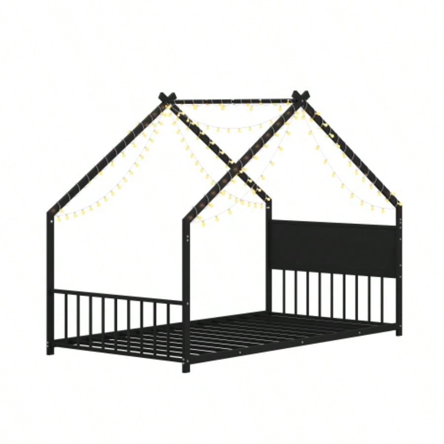 Twin Size House Bed with Roof and Colorful Lights, Metal Bed Frame with Slats and, House Bed Boy, Girls and Young Teens, No Box Spring Needed Black