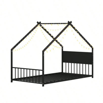 Twin Size House Bed with Roof and Colorful Lights, Metal Bed Frame with Slats and, House Bed Boy, Girls and Young Teens, No Box Spring Needed Black