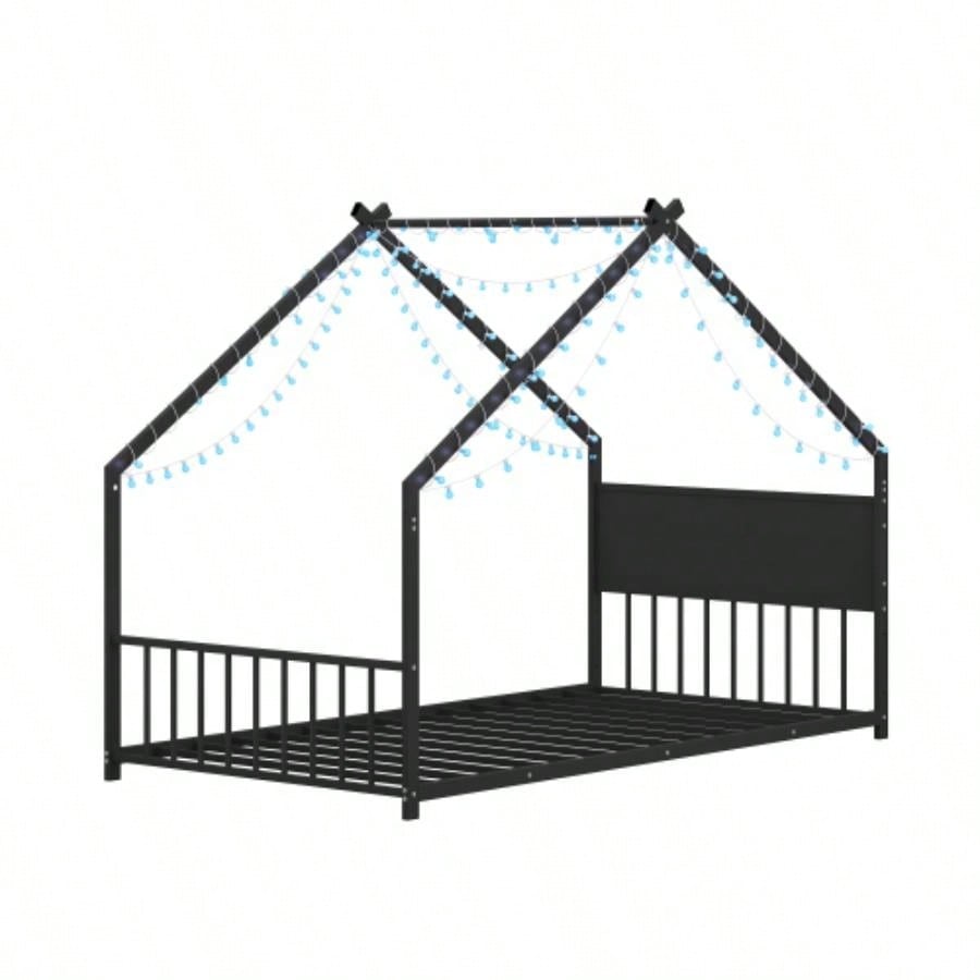 Twin Size House Bed with Roof and Colorful Lights, Metal Bed Frame with Slats and, House Bed Boy, Girls and Young Teens, No Box Spring Needed Black