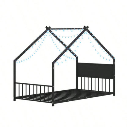 Twin Size House Bed with Roof and Colorful Lights, Metal Bed Frame with Slats and, House Bed Boy, Girls and Young Teens, No Box Spring Needed Black