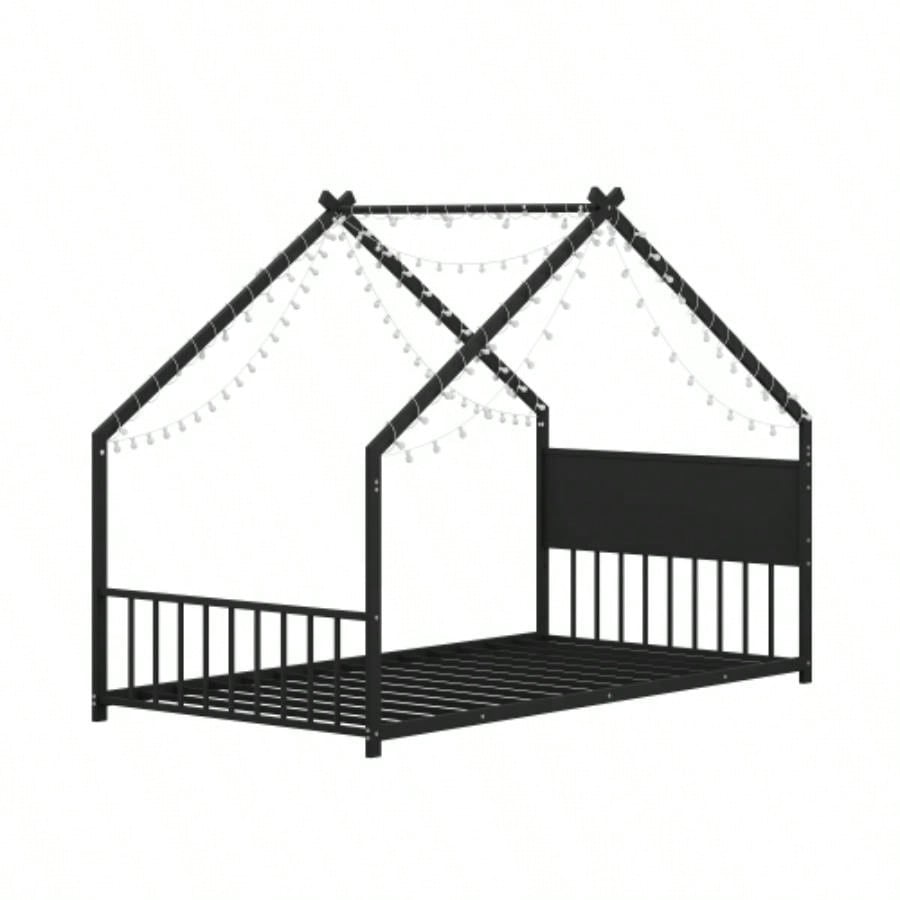 Twin Size House Bed with Roof and Colorful Lights, Metal Bed Frame with Slats and, House Bed Boy, Girls and Young Teens, No Box Spring Needed Black
