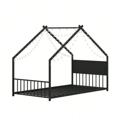 Twin Size House Bed with Roof and Colorful Lights, Metal Bed Frame with Slats and, House Bed Boy, Girls and Young Teens, No Box Spring Needed Black