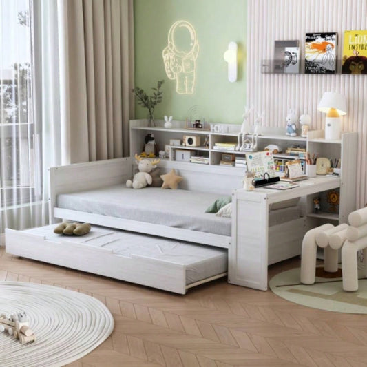 Wooden Twin Size Daybed with Storage Shelves, Multi - functional Bed with Twin Size Trundle Bed and Study Desk, Antique White