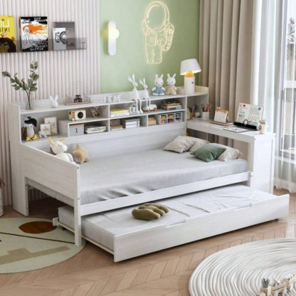 Wooden Twin Size Daybed with Storage Shelves, Multi - functional Bed with Twin Size Trundle Bed and Study Desk, Antique White