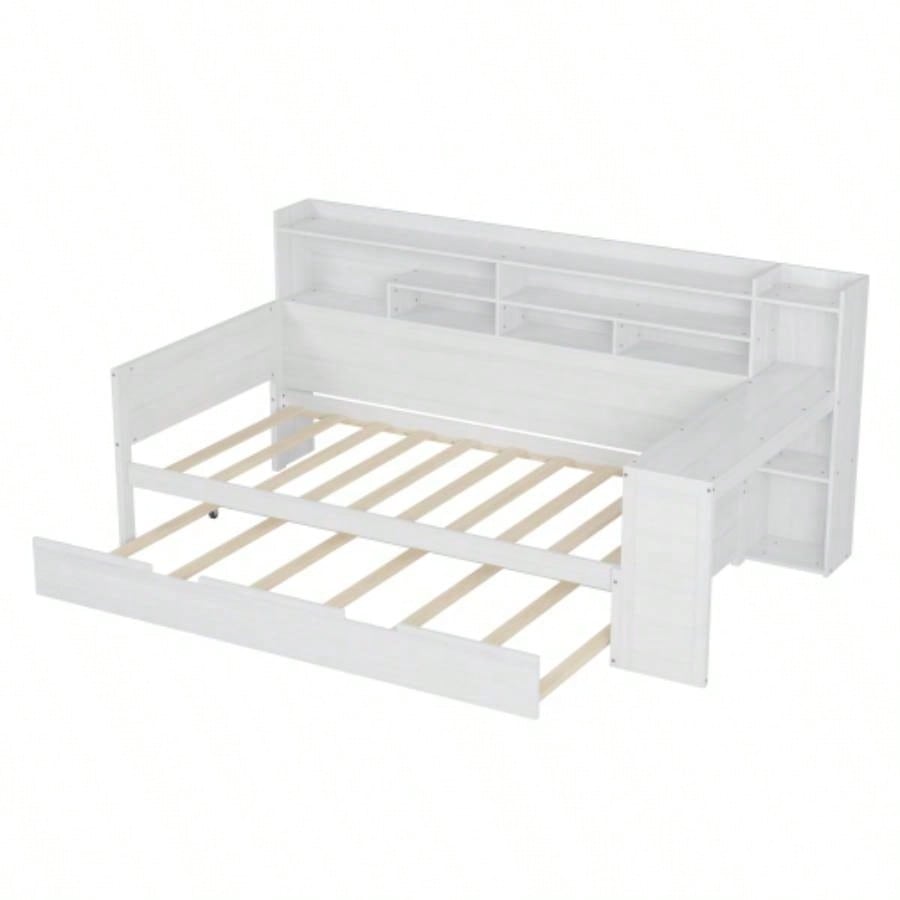 Wooden Twin Size Daybed with Storage Shelves, Multi - functional Bed with Twin Size Trundle Bed and Study Desk, Antique White