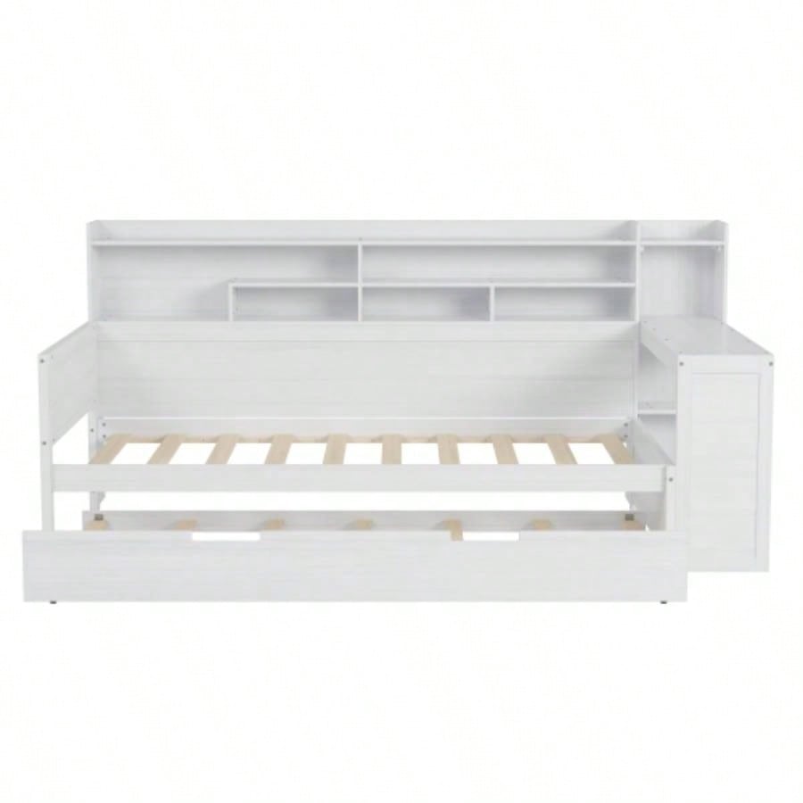 Wooden Twin Size Daybed with Storage Shelves, Multi - functional Bed with Twin Size Trundle Bed and Study Desk, Antique White