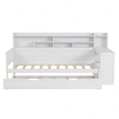 Wooden Twin Size Daybed with Storage Shelves, Multi - functional Bed with Twin Size Trundle Bed and Study Desk, Antique White
