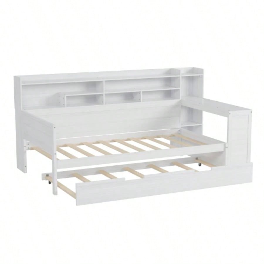 Wooden Twin Size Daybed with Storage Shelves, Multi - functional Bed with Twin Size Trundle Bed and Study Desk, Antique White