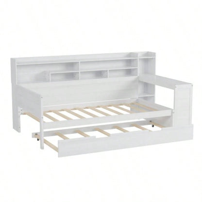 Wooden Twin Size Daybed with Storage Shelves, Multi - functional Bed with Twin Size Trundle Bed and Study Desk, Antique White
