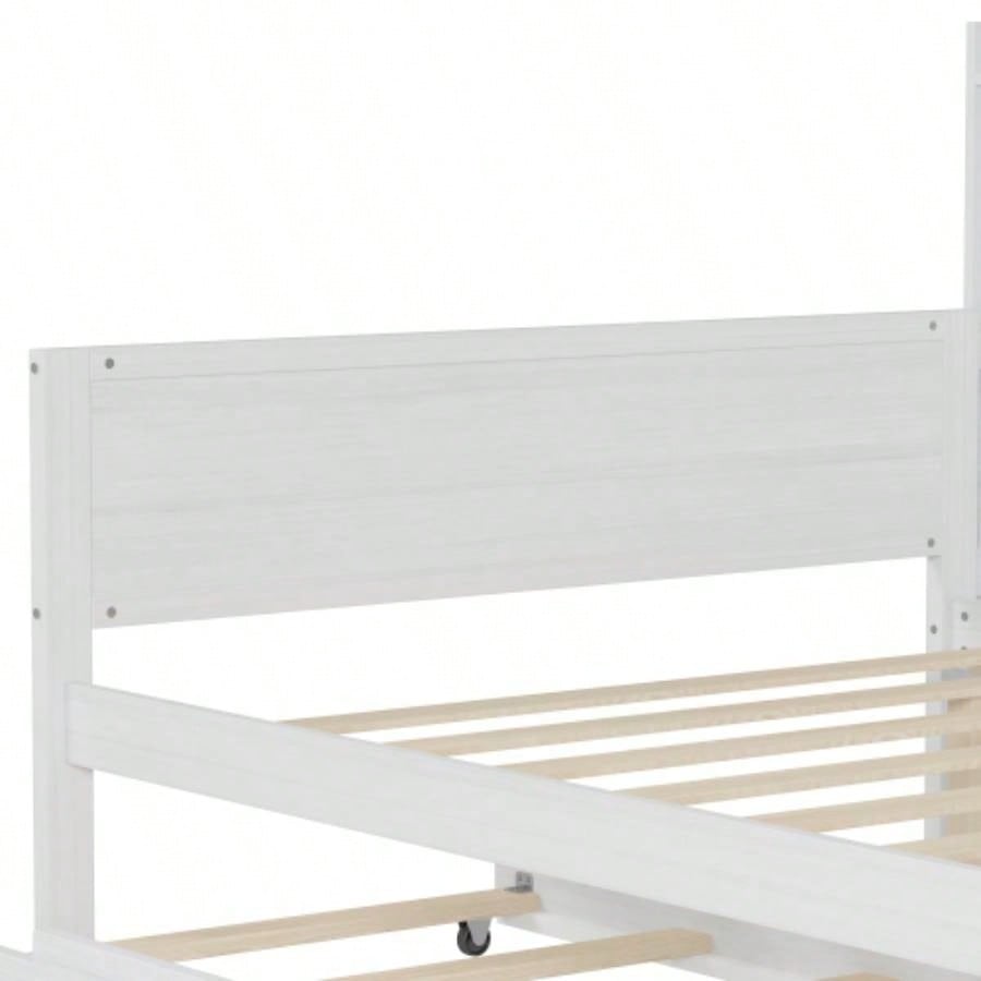 Wooden Twin Size Daybed with Storage Shelves, Multi - functional Bed with Twin Size Trundle Bed and Study Desk, Antique White