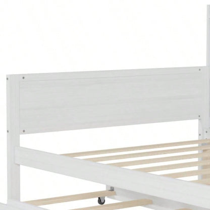 Wooden Twin Size Daybed with Storage Shelves, Multi - functional Bed with Twin Size Trundle Bed and Study Desk, Antique White