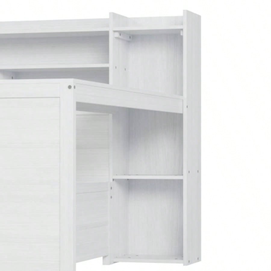 Wooden Twin Size Daybed with Storage Shelves, Multi - functional Bed with Twin Size Trundle Bed and Study Desk, Antique White