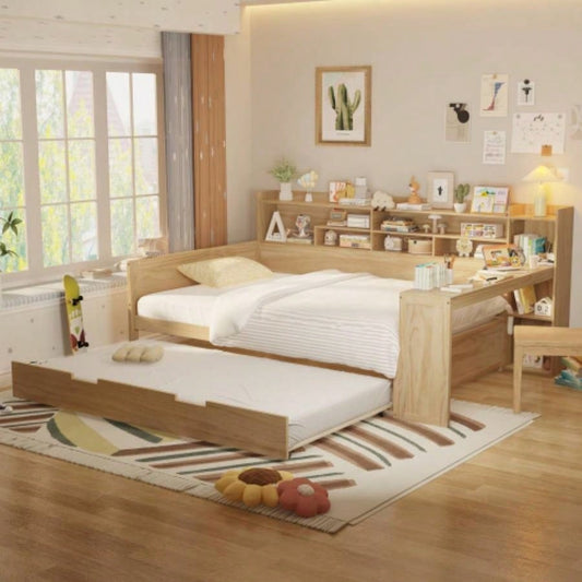 Wooden Full Size Daybed with Storage Shelves, Multi - functional Bed with Twin Size Trundle Bed and Study Desk, Natural