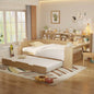 Wooden Full Size Daybed with Storage Shelves, Multi - functional Bed with Twin Size Trundle Bed and Study Desk, Natural