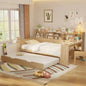 Wooden Twin Size Daybed with Storage Shelves, Multi - functional Bed with Twin Size Trundle Bed and Study Desk, Antique White