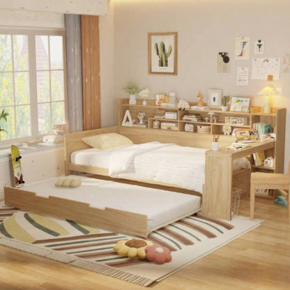 Wooden Full Size Daybed with Storage Shelves, Multi - functional Bed with Twin Size Trundle Bed and Study Desk, Natural