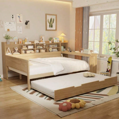 Wooden Full Size Daybed with Storage Shelves, Multi - functional Bed with Twin Size Trundle Bed and Study Desk, Natural