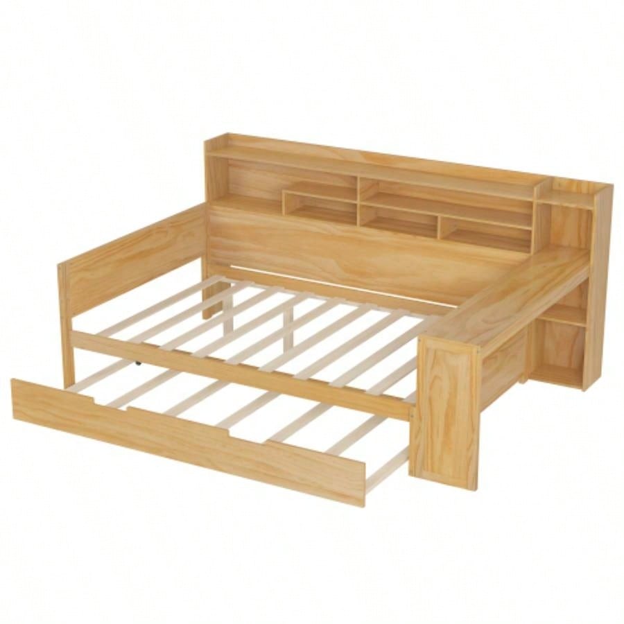 Wooden Full Size Daybed with Storage Shelves, Multi - functional Bed with Twin Size Trundle Bed and Study Desk, Natural