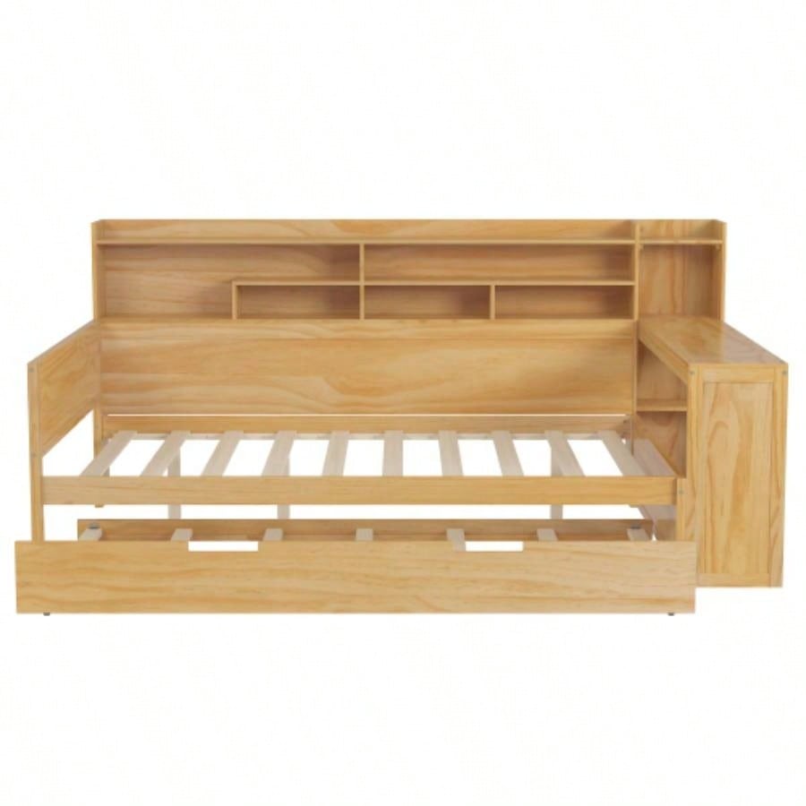 Wooden Full Size Daybed with Storage Shelves, Multi - functional Bed with Twin Size Trundle Bed and Study Desk, Natural