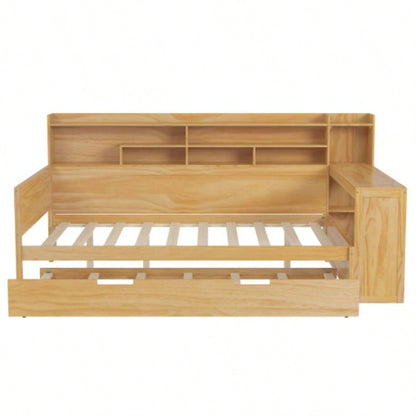 Wooden Full Size Daybed with Storage Shelves, Multi - functional Bed with Twin Size Trundle Bed and Study Desk, Natural