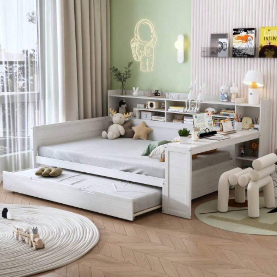 Wooden Full Size Daybed with Storage Shelves, Multi - functional Bed with Twin Size Trundle Bed and Study Desk, Natural