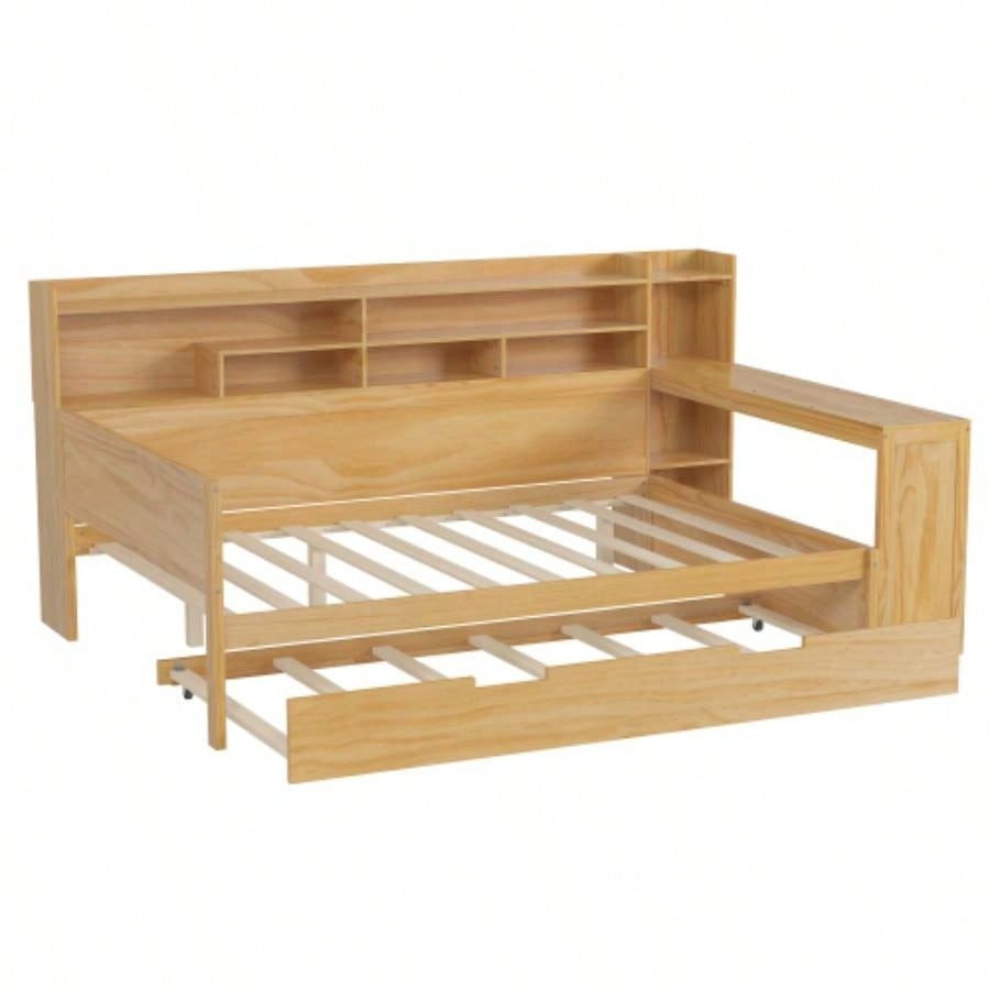 Wooden Full Size Daybed with Storage Shelves, Multi - functional Bed with Twin Size Trundle Bed and Study Desk, Natural
