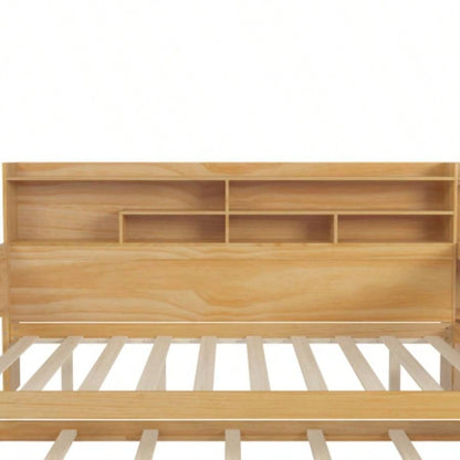 Wooden Full Size Daybed with Storage Shelves, Multi - functional Bed with Twin Size Trundle Bed and Study Desk, Natural