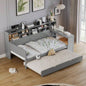 Wooden Full Size Daybed with Storage Shelves, Multi - functional Bed with Twin Size Trundle Bed and Study Desk, Natural