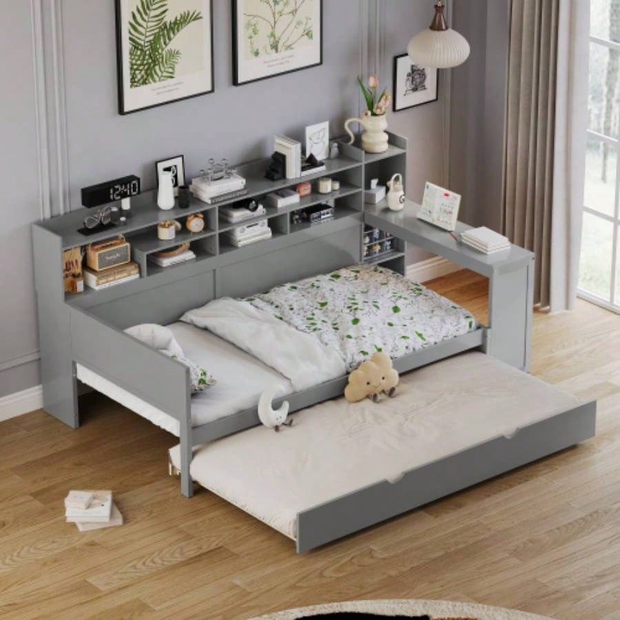 Wooden Full Size Daybed with Storage Shelves, Multi - functional Bed with Twin Size Trundle Bed and Study Desk, Natural