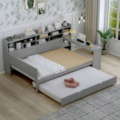 Wooden Full Size Daybed with Storage Shelves, Multi - functional Bed with Twin Size Trundle Bed and Study Desk, Natural