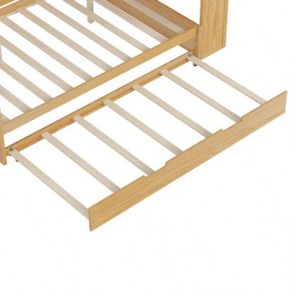 Wooden Full Size Daybed with Storage Shelves, Multi - functional Bed with Twin Size Trundle Bed and Study Desk, Natural