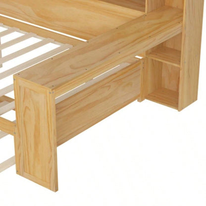Wooden Full Size Daybed with Storage Shelves, Multi - functional Bed with Twin Size Trundle Bed and Study Desk, Natural