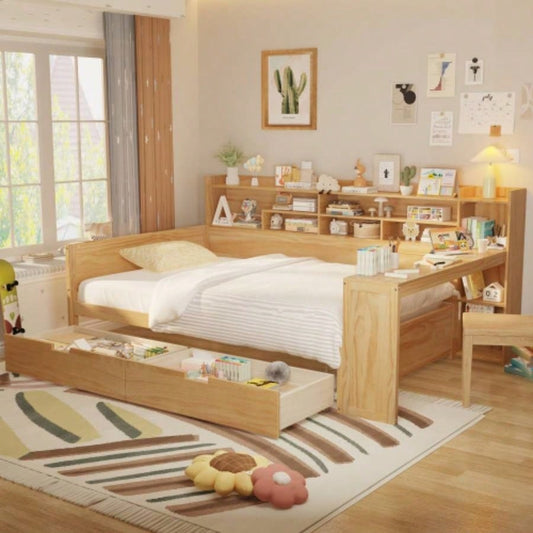 Wooden Full Size Daybed with Storage Shelves, Multi - functional Bed with Two Storage Drawers and Study Desk, Natural Old SKU: HL000089AAM