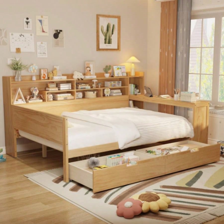 Wooden Full Size Daybed with Storage Shelves, Multi - functional Bed with Two Storage Drawers and Study Desk, Natural Old SKU: HL000089AAM