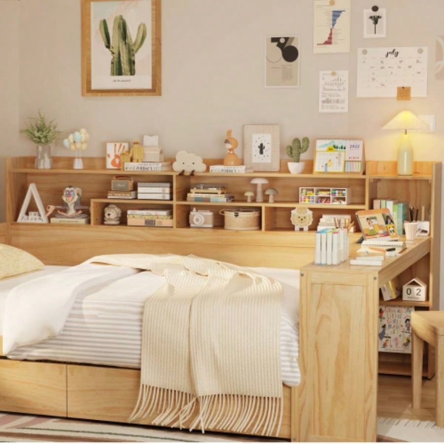 Wooden Full Size Daybed with Storage Shelves, Multi - functional Bed with Two Storage Drawers and Study Desk, Natural Old SKU: HL000089AAM