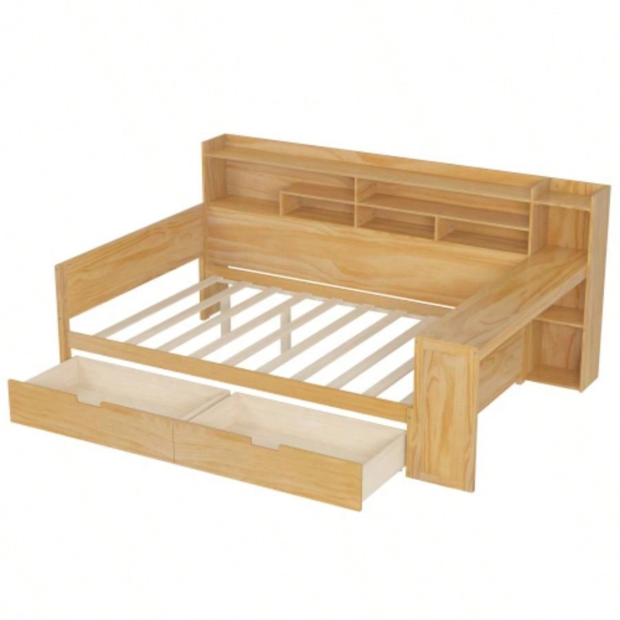 Wooden Full Size Daybed with Storage Shelves, Multi - functional Bed with Two Storage Drawers and Study Desk, Natural Old SKU: HL000089AAM