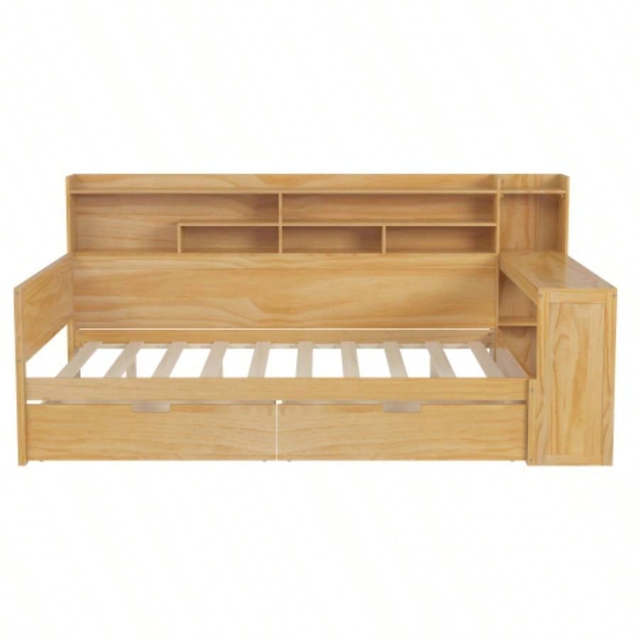 Wooden Full Size Daybed with Storage Shelves, Multi - functional Bed with Two Storage Drawers and Study Desk, Natural Old SKU: HL000089AAM