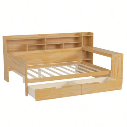 Wooden Full Size Daybed with Storage Shelves, Multi - functional Bed with Two Storage Drawers and Study Desk, Natural Old SKU: HL000089AAM