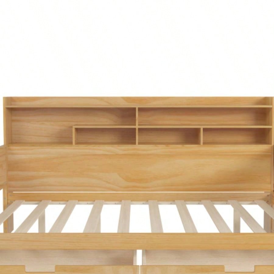 Wooden Full Size Daybed with Storage Shelves, Multi - functional Bed with Two Storage Drawers and Study Desk, Natural Old SKU: HL000089AAM