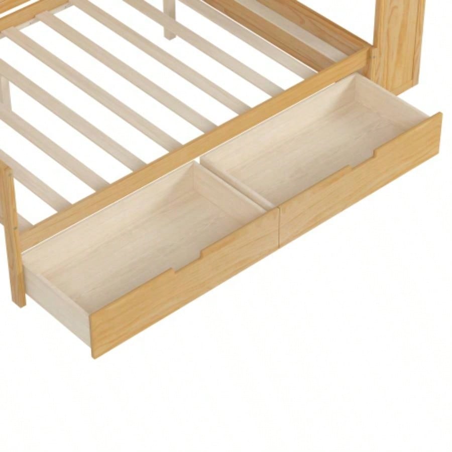 Wooden Full Size Daybed with Storage Shelves, Multi - functional Bed with Two Storage Drawers and Study Desk, Natural Old SKU: HL000089AAM